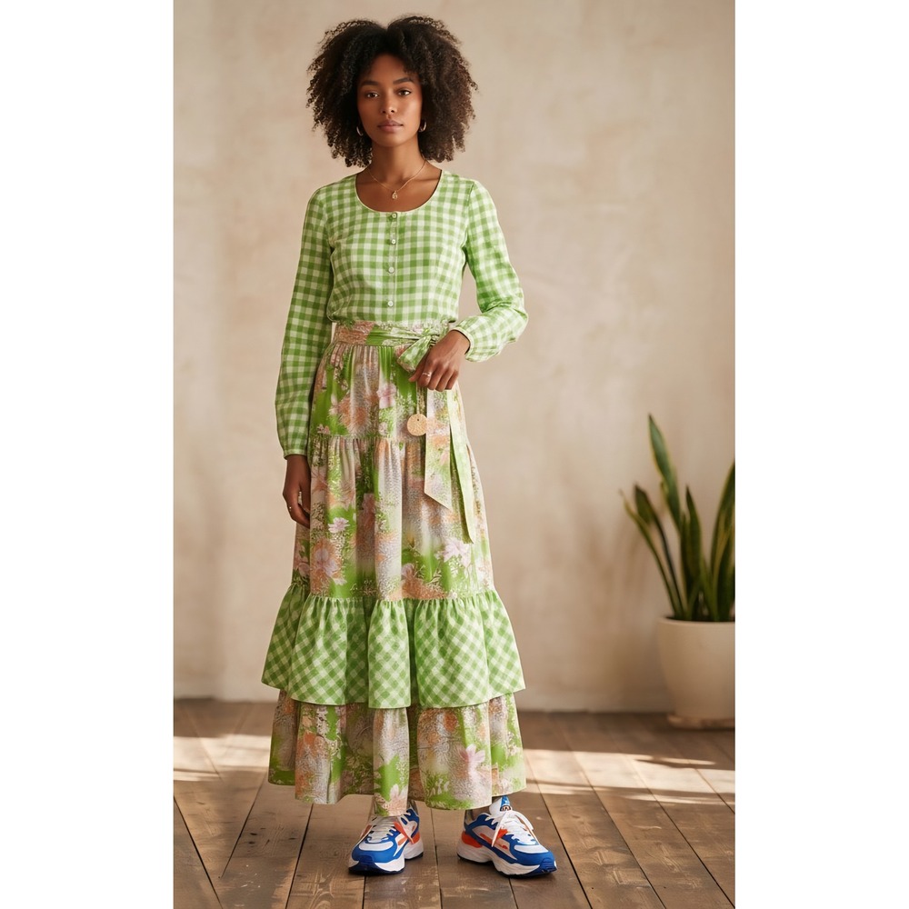 VTG Chessa Davis Gingham Floral 2 Piece Set Maxi Skirt & Top Green Pink Clay Tag